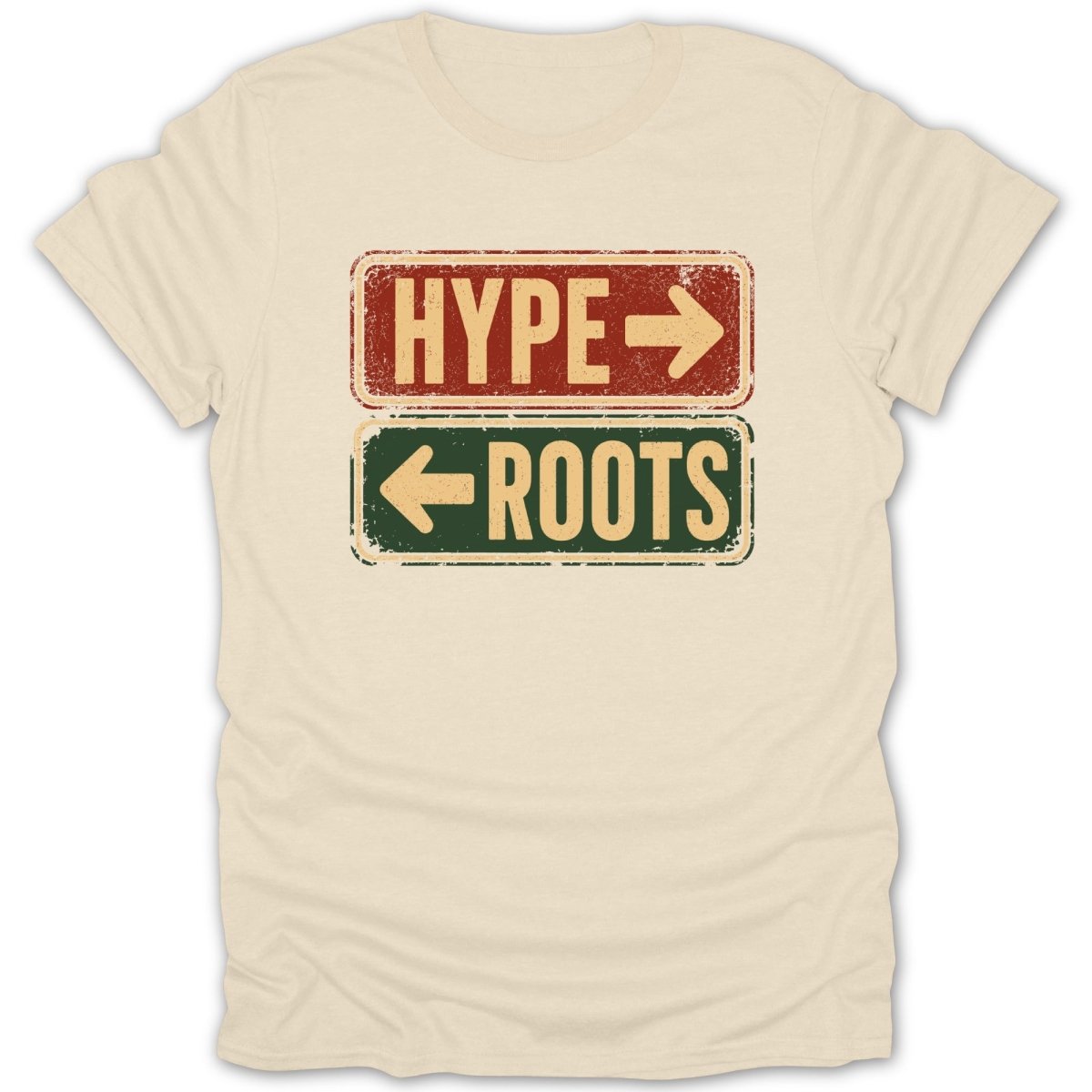 T-shirt with red and green signs indicating "HYPE" and "ROOTS".