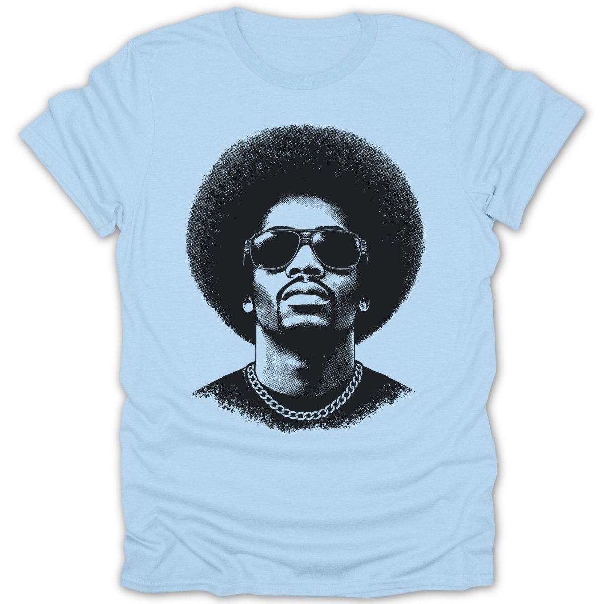 Black and white portrait of a man with an afro and sunglasses on a light blue t-shirt.