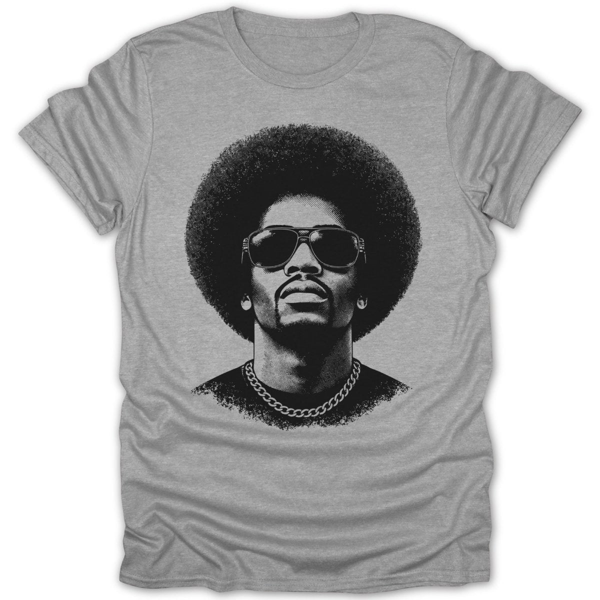 Black and white graphic of a man with an afro, sunglasses, and a chain on a gray t-shirt.