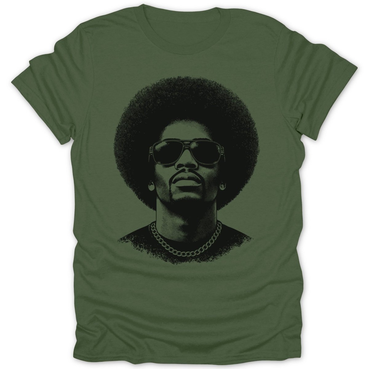 Green t-shirt with black graphic of a man with an afro, sunglasses, and chain.
