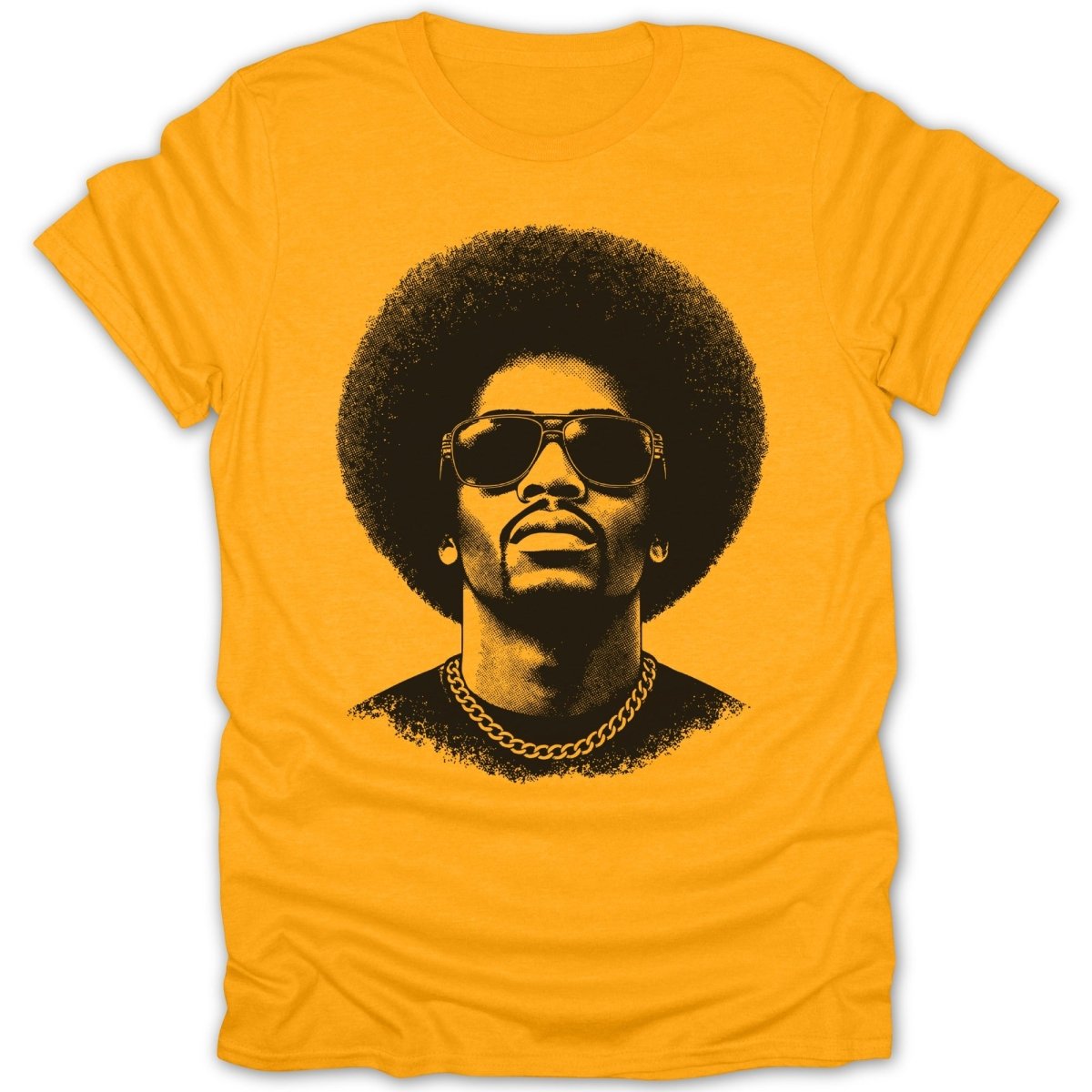 Yellow t-shirt with black graphic of a man with an afro and sunglasses.