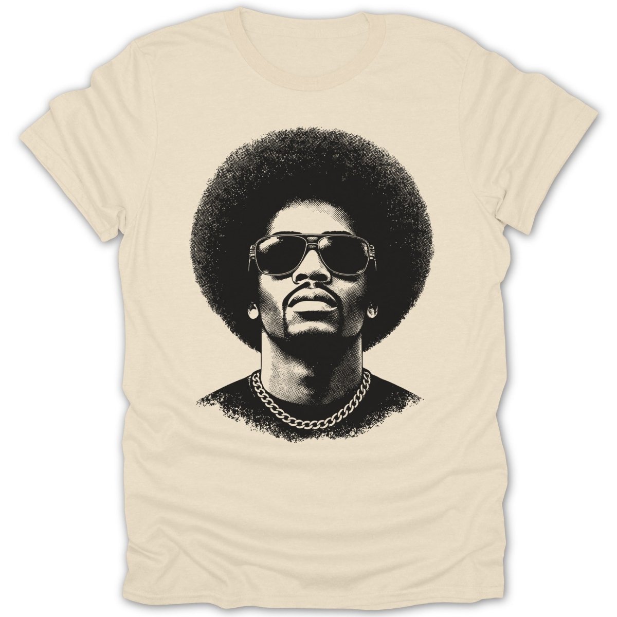 Black and white graphic of a man with an afro, sunglasses, and chain on a cream t-shirt.