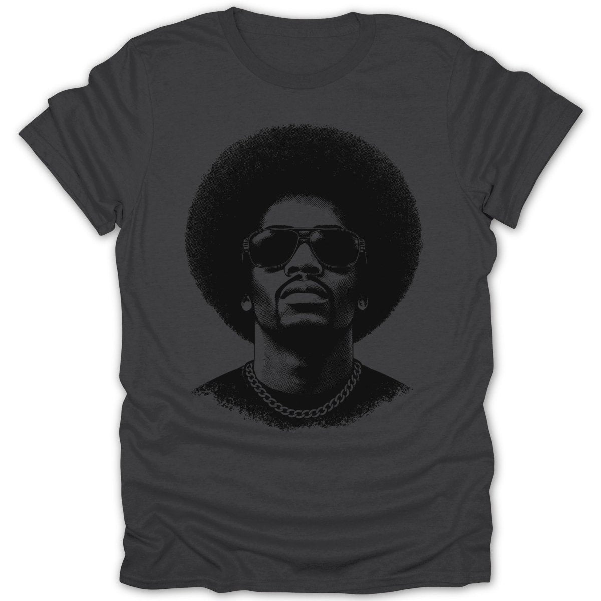 Black graphic t-shirt with a portrait of a man with an afro and sunglasses.