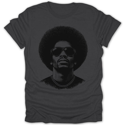 Black graphic t-shirt with a portrait of a man with an afro and sunglasses.