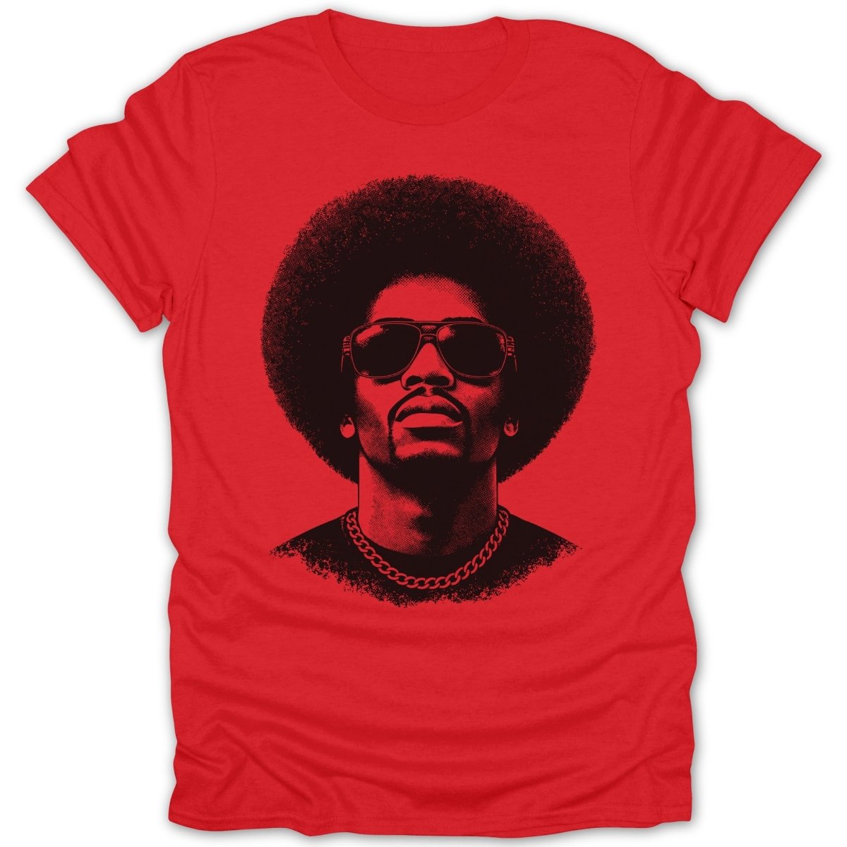 Red t-shirt with black graphic of a man with an afro and sunglasses.