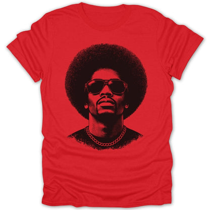 Red t-shirt with black graphic of a man with an afro and sunglasses.