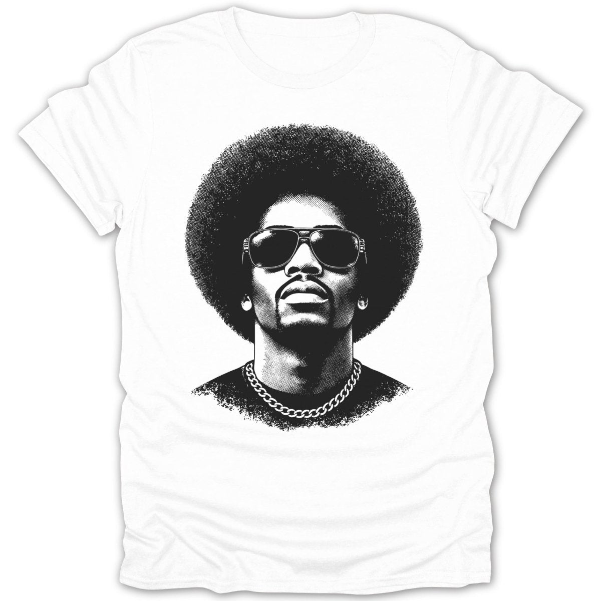 Black and white graphic of a man with an afro, sunglasses, and a chain on a white t-shirt.