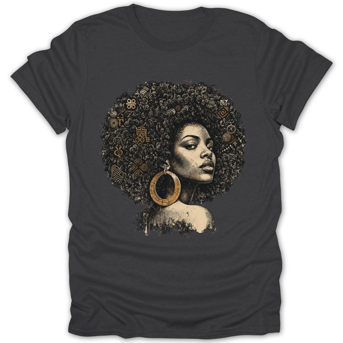 T-shirt with a woman's portrait, large hoop earring, and patterned afro.
