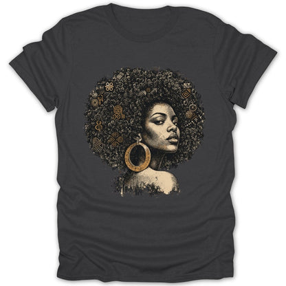 T-shirt with a woman's portrait, large hoop earring, and patterned afro.