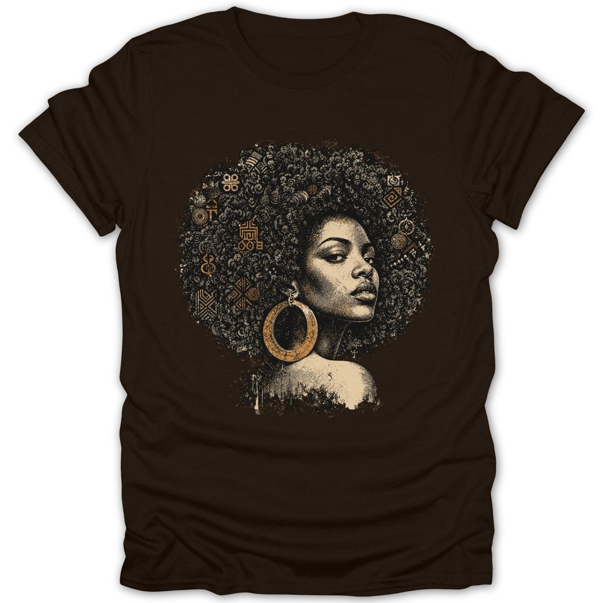 Brown t-shirt with portrait of a woman with an afro adorned with patterns.