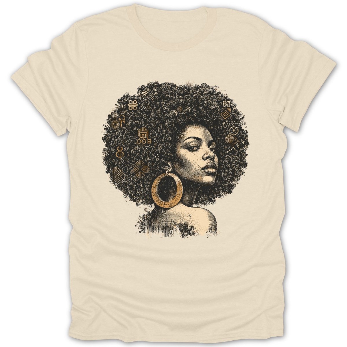 T-shirt with illustration of woman with afro adorned with African symbols and large hoop earring.