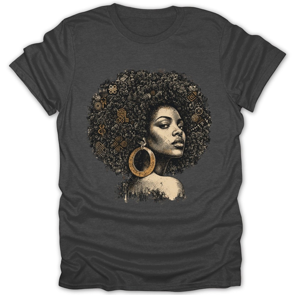 T-shirt with a graphic of a woman with an afro adorned with gold patterns.