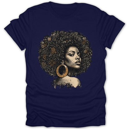 T-shirt with illustration of a Black woman with large hoop earrings and an afro filled with symbols.