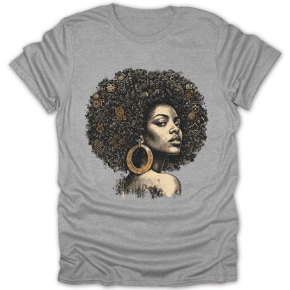 Black woman with an afro adorned with golden geometric patterns, wearing a large hoop earring.