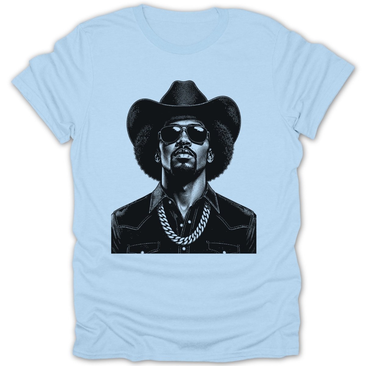 Black and white illustration of a man wearing a cowboy hat and sunglasses, on a light blue t-shirt.