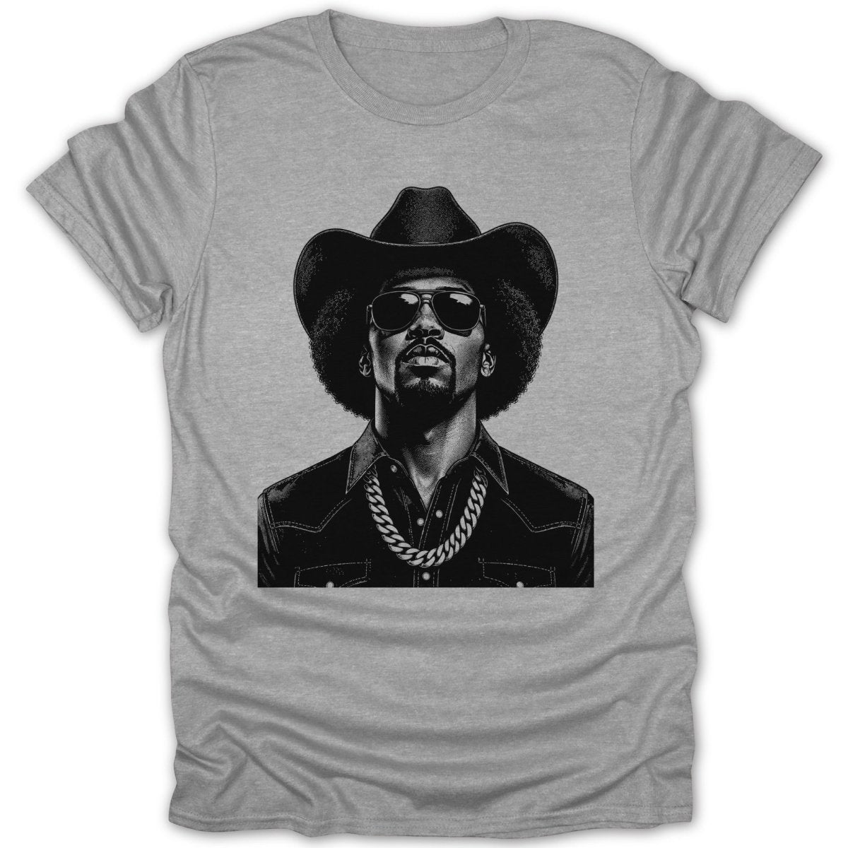 Black and white graphic of a man wearing a cowboy hat, sunglasses, and a gold chain.