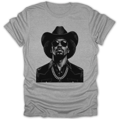 Black and white graphic of a man wearing a cowboy hat, sunglasses, and a gold chain.
