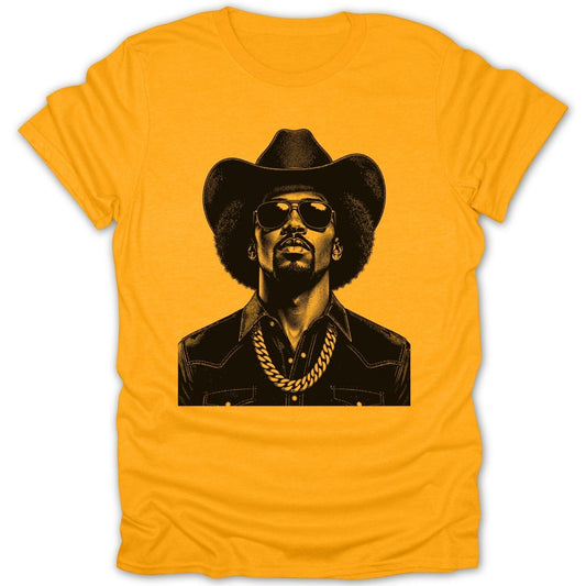 Yellow t-shirt with black graphic of a man in a cowboy hat and gold chain.