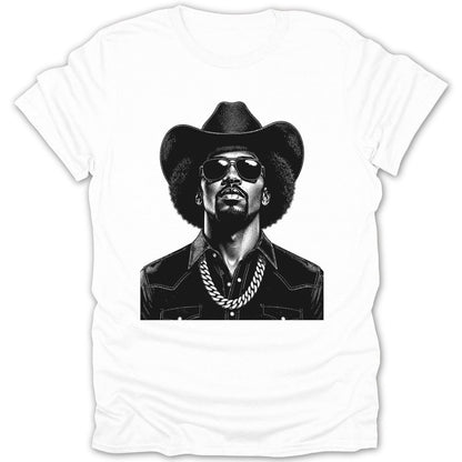 Black and white portrait of a man with an afro wearing a cowboy hat, sunglasses, and chain.