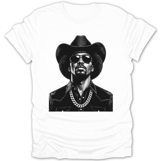 Black and white portrait of a man with an afro wearing a cowboy hat, sunglasses, and chain.