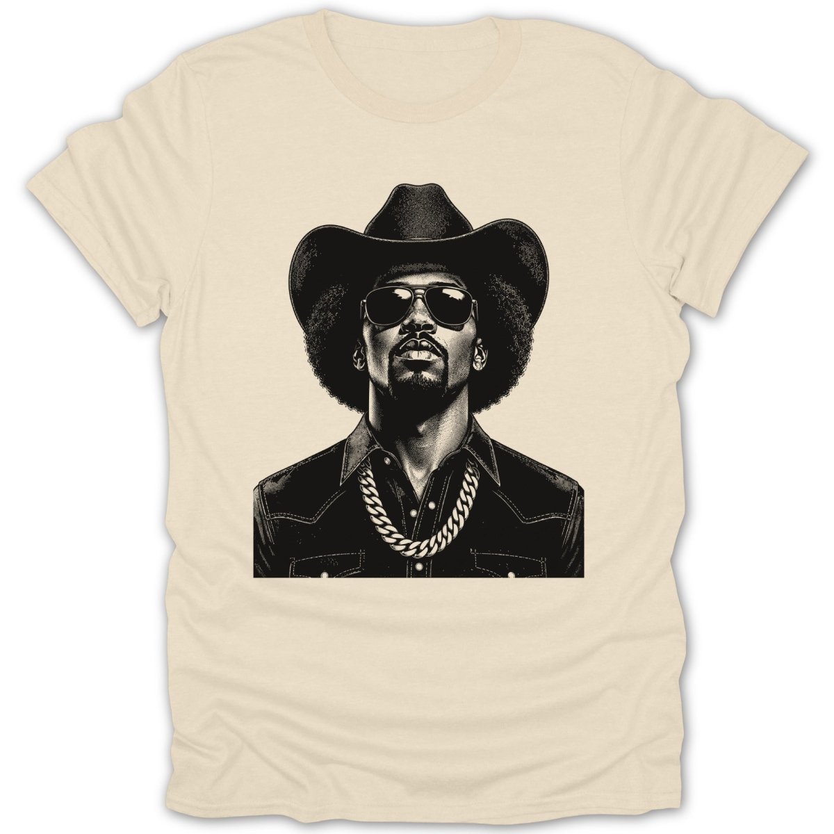 Black and white portrait of a man wearing a cowboy hat, sunglasses, and a chain.