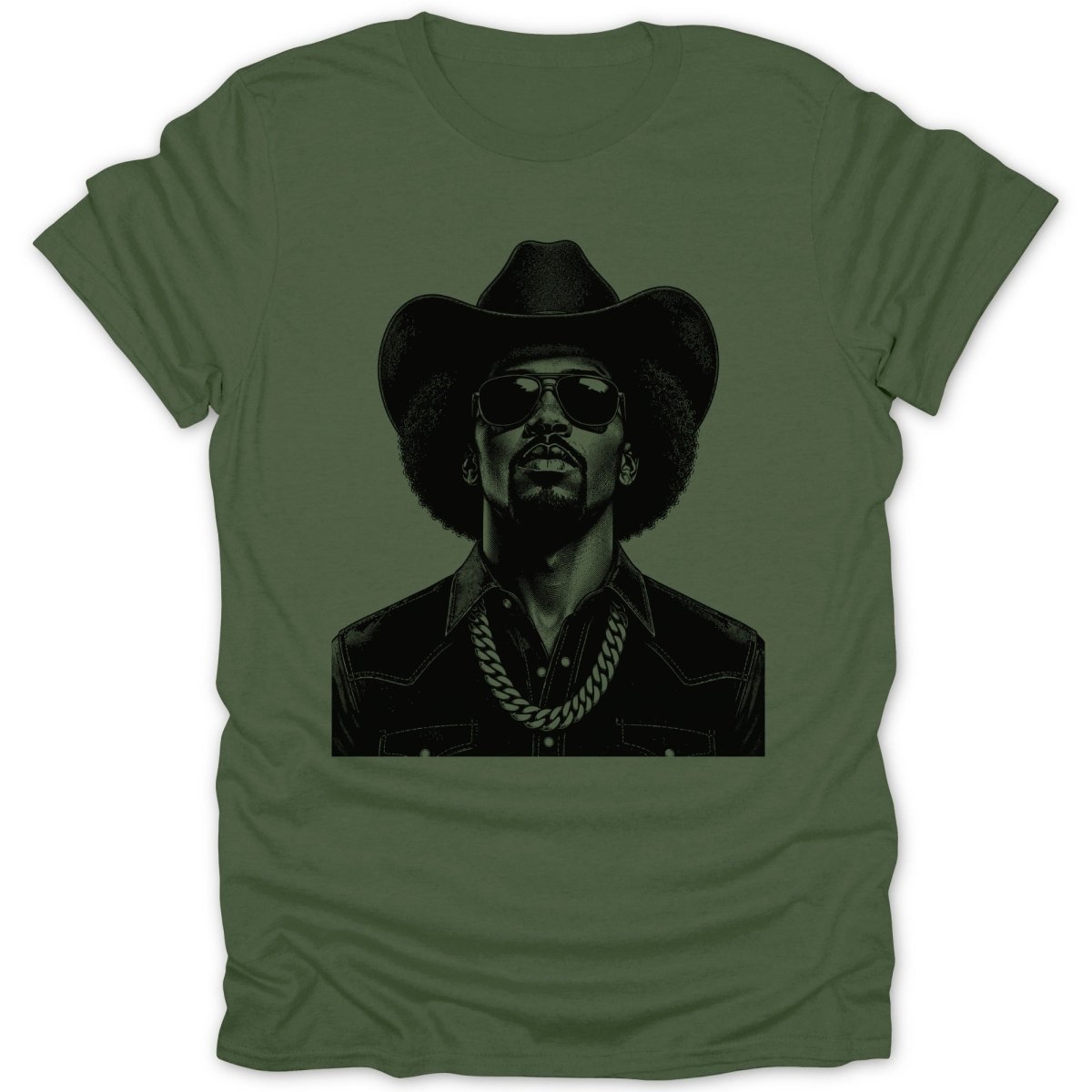 Black and green graphic of a man wearing a cowboy hat and sunglasses with a chain.