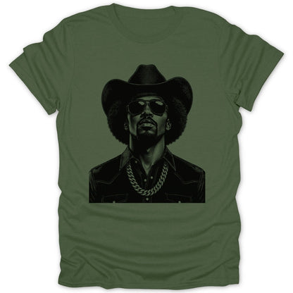 Black and green graphic of a man wearing a cowboy hat and sunglasses with a chain.
