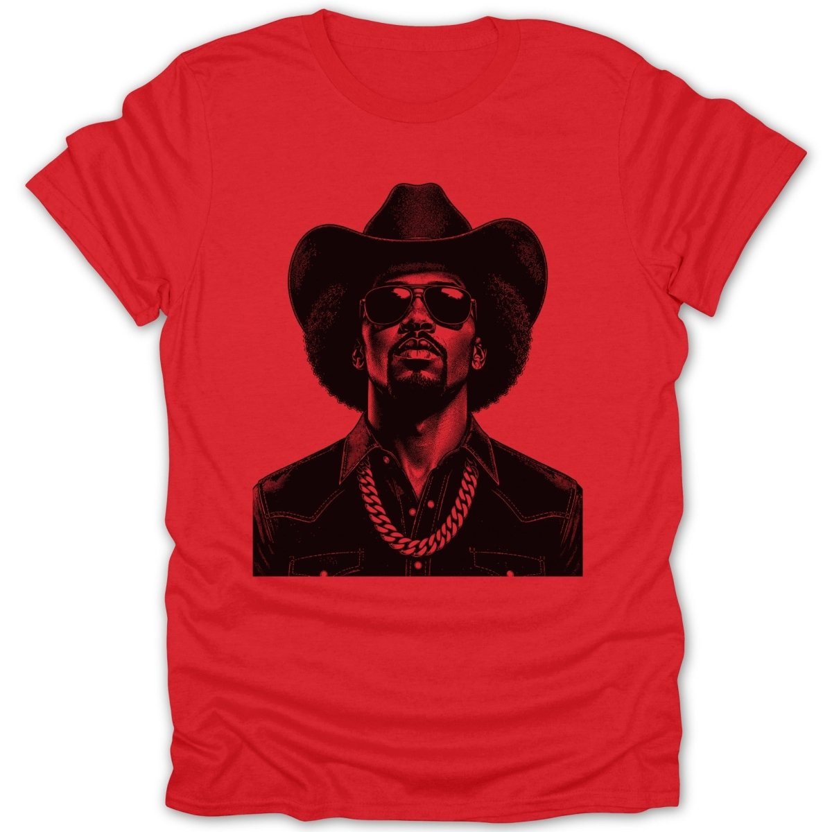 Red t-shirt with a red line drawing of a man in a cowboy hat and sunglasses.