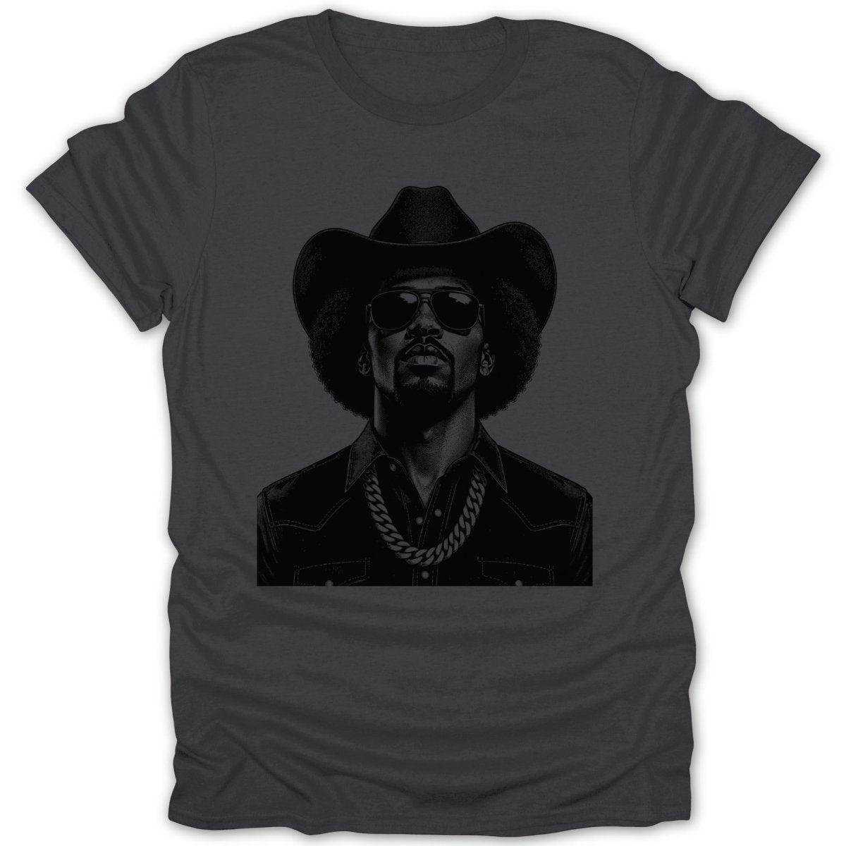 Charcoal t-shirt with black graphic of a man in a cowboy hat and sunglasses.