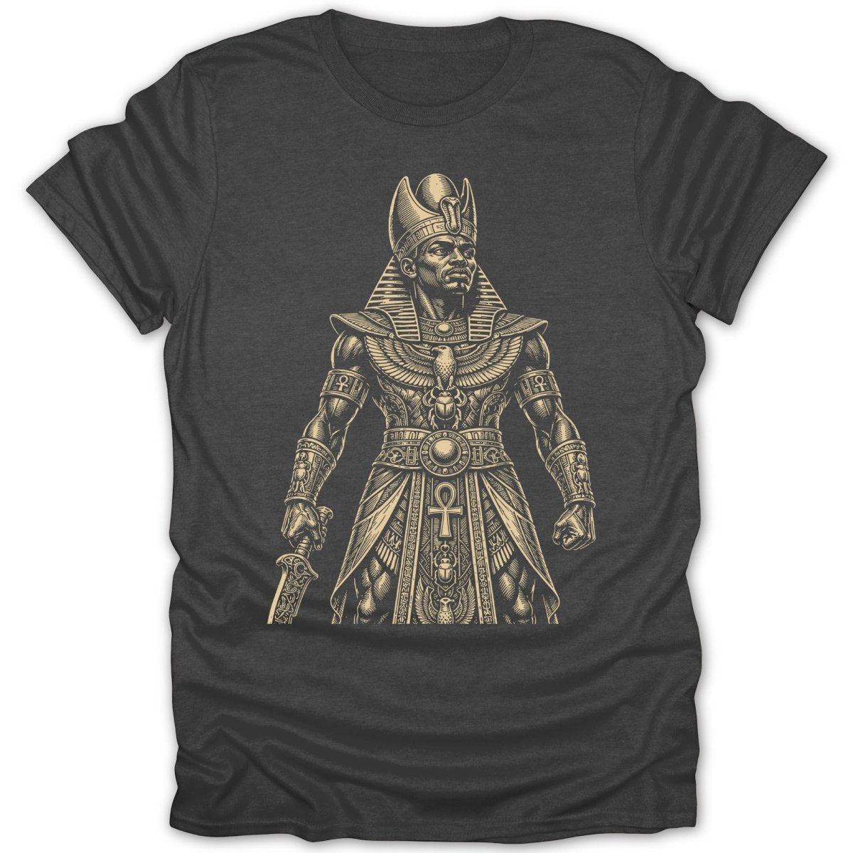 Detailed engraving of ancient Egyptian pharaoh with headdress and sword on dark t-shirt.