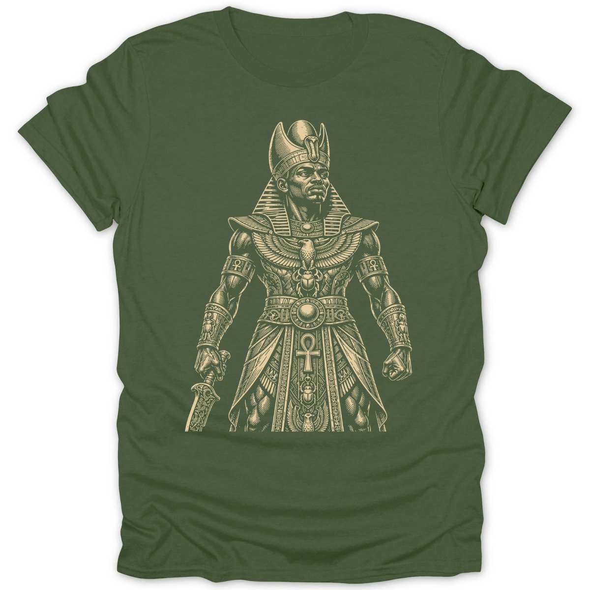 T-shirt with Egyptian pharaoh illustration holding a sword and wearing ornate headdress.