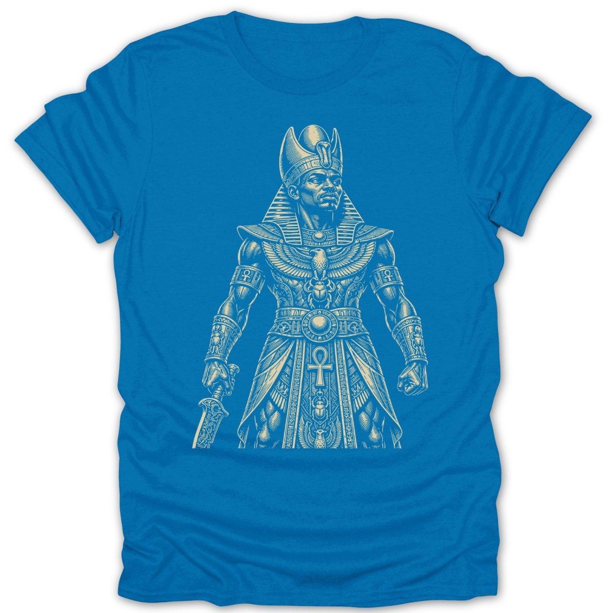 Blue t-shirt with cream-colored illustration of an ancient Egyptian pharaoh holding a sword.