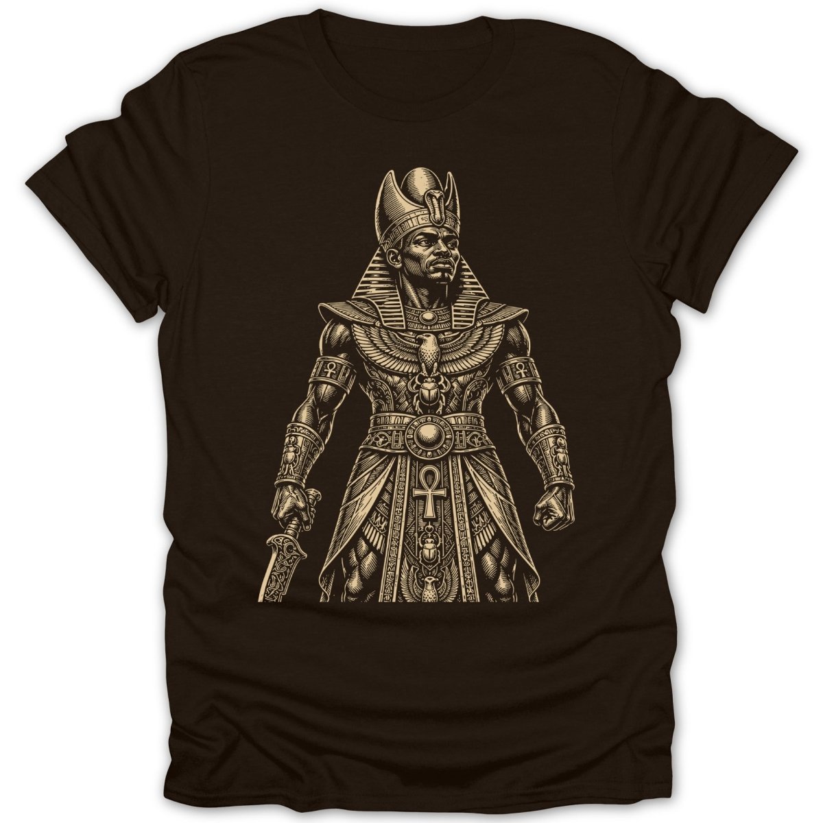 Illustration of an Egyptian pharaoh in ornate headdress and armor holding a sword.