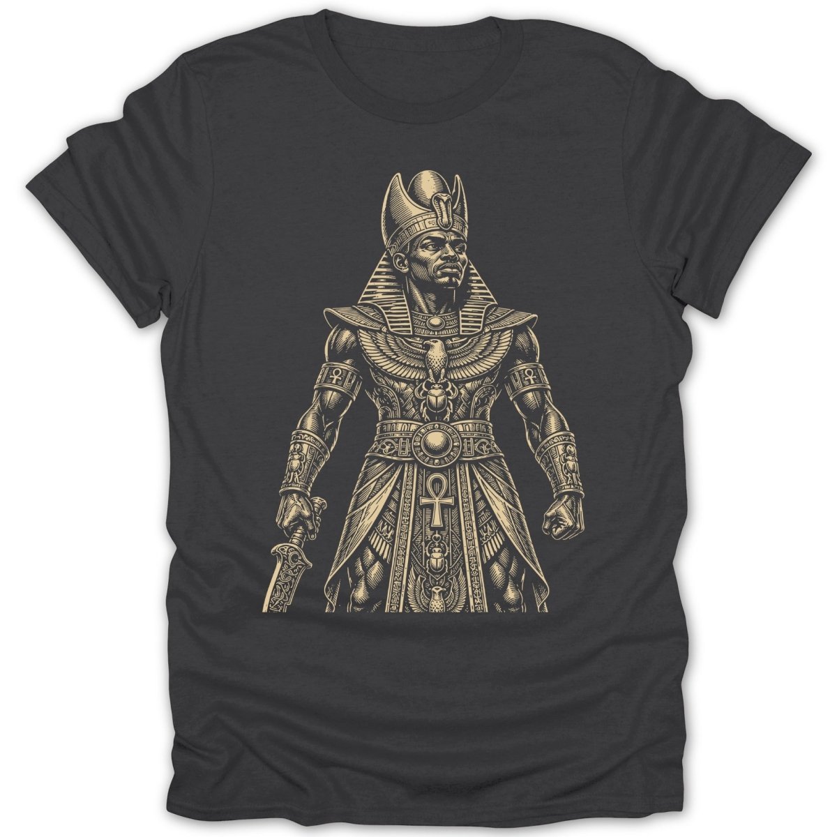 T-shirt with ancient Egyptian pharaoh in headdress and ornate armor holding a sword.