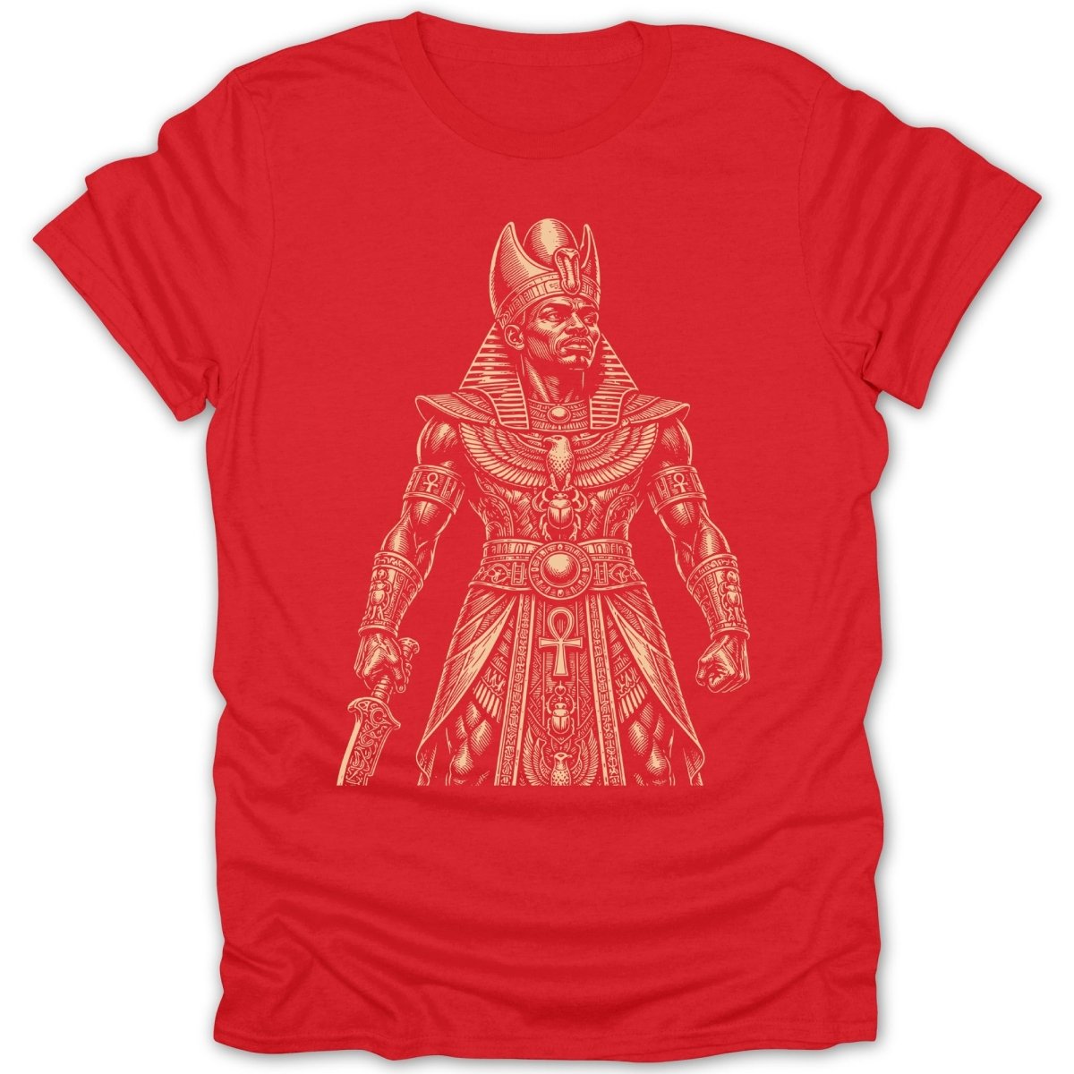 Red t-shirt with a cream-colored drawing of an ancient Egyptian pharaoh holding a sword.