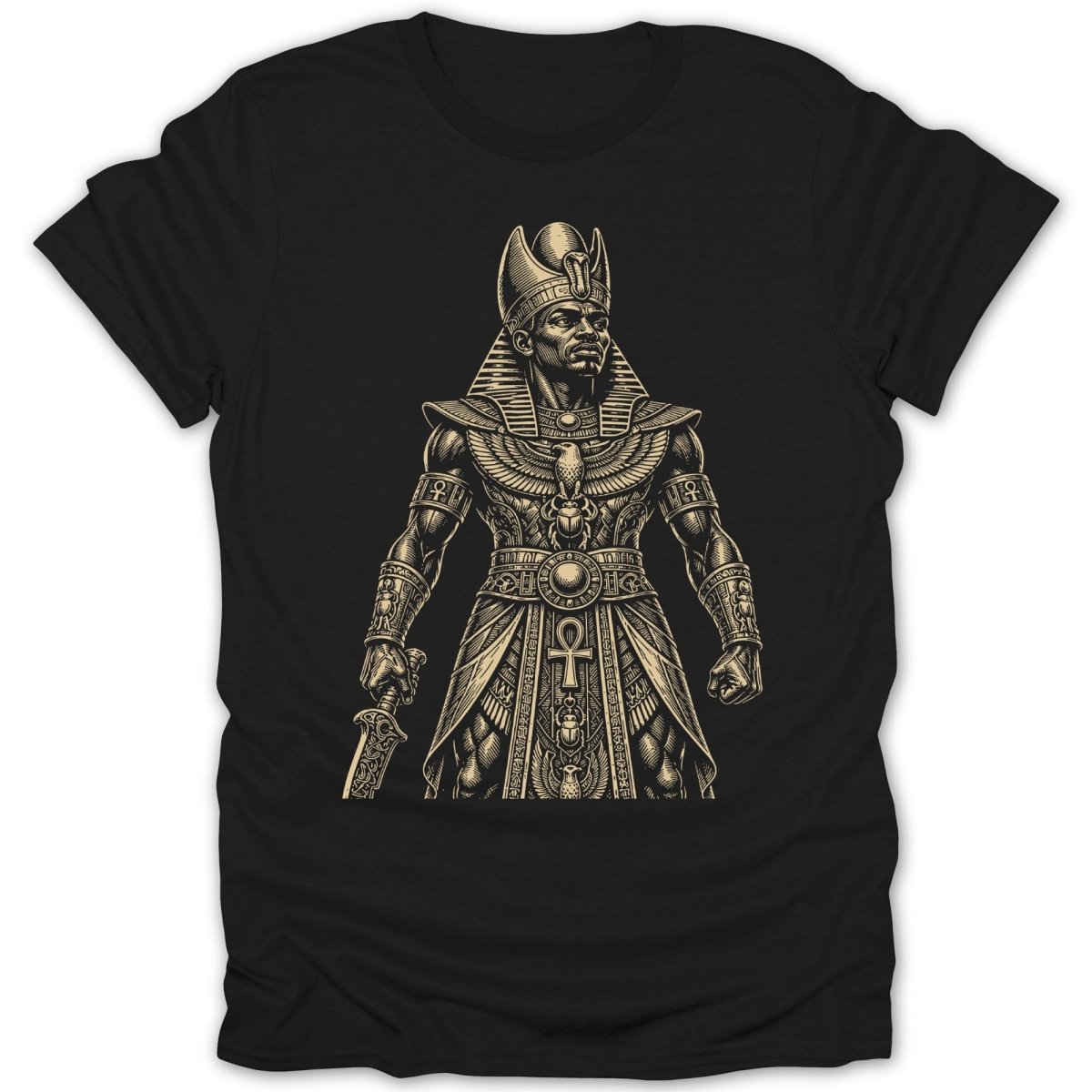 Black t-shirt with gold Egyptian pharaoh illustration holding a sword.