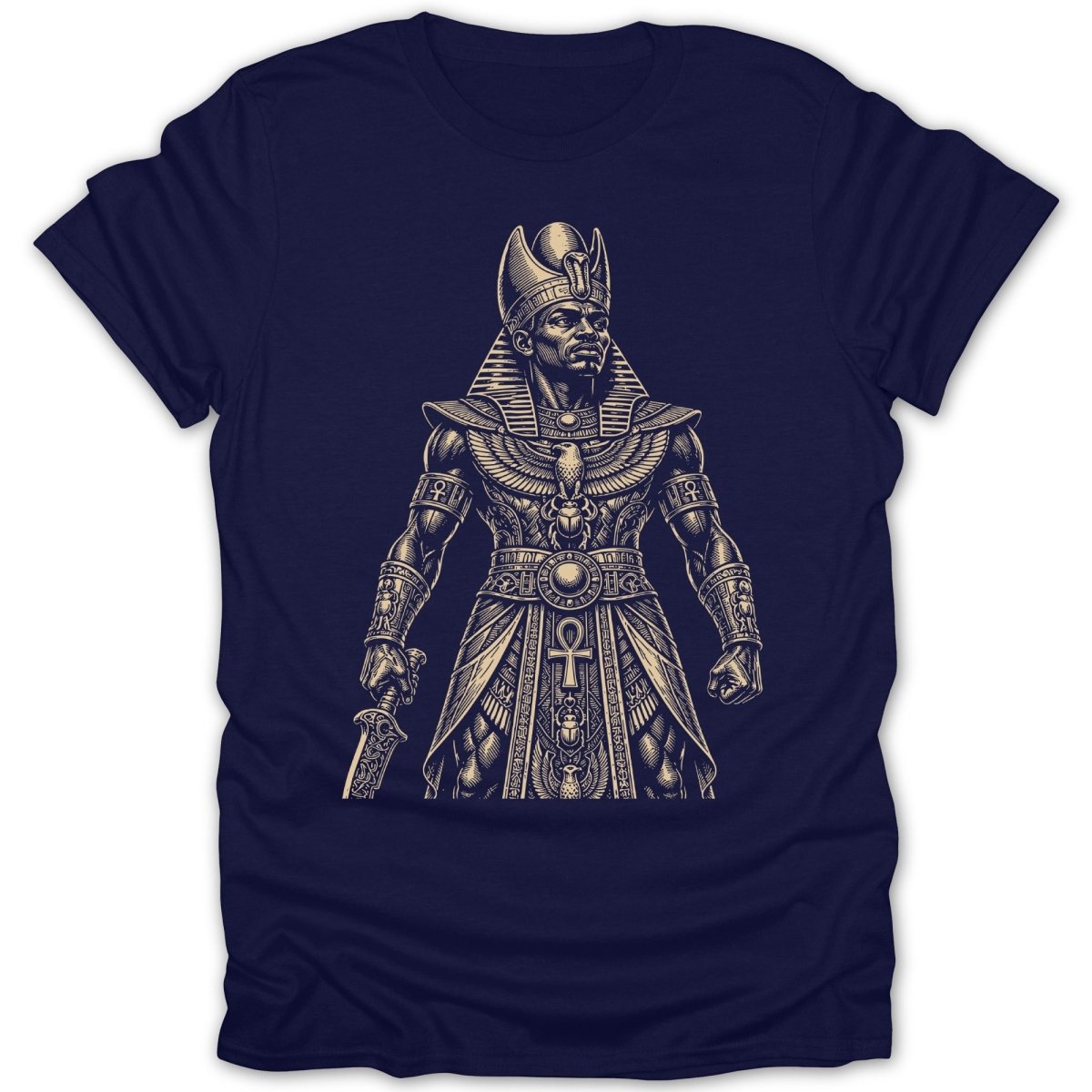 T-shirt featuring a depiction of a pharaoh in ornate headdress and armor holding a sword.