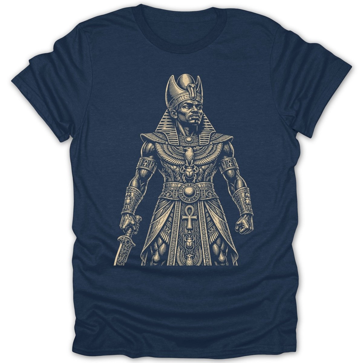Line art of an Egyptian pharaoh wearing a nemes headdress and holding a sword.