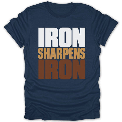 Navy t-shirt with white, tan, and brown text reading "IRON SHARPENS IRON".
