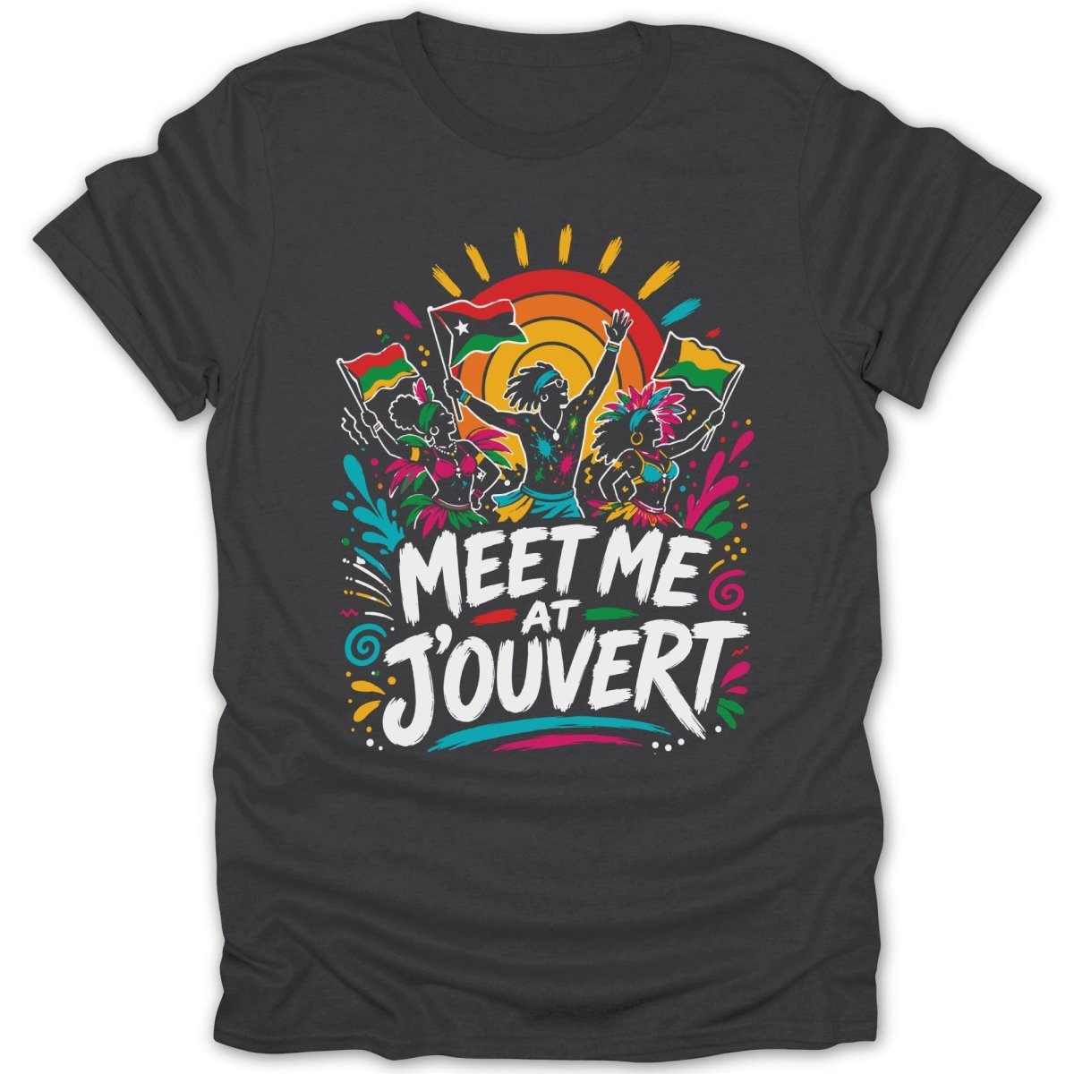 Dark t-shirt with "Meet me at J'ouvert" text and colorful figures holding flags