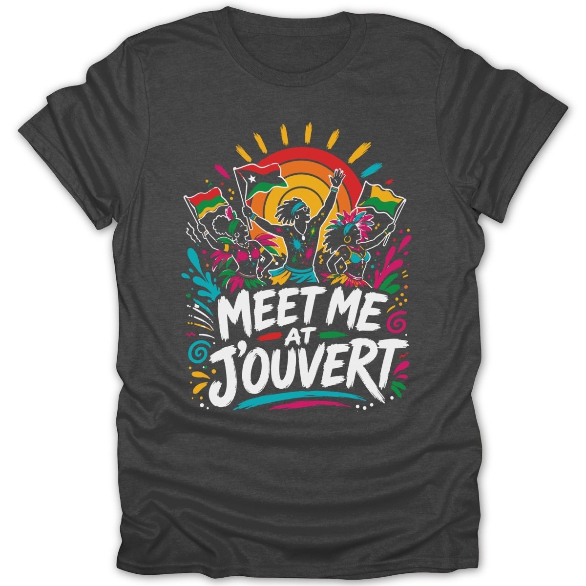 Text "MEET ME AT J'OUVERT" with joyful figures and flags on a dark t-shirt.