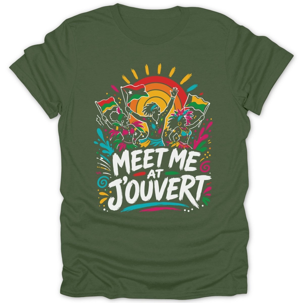 "MEET ME AT J'OUVERT" text with festival figures and flags against colorful background.