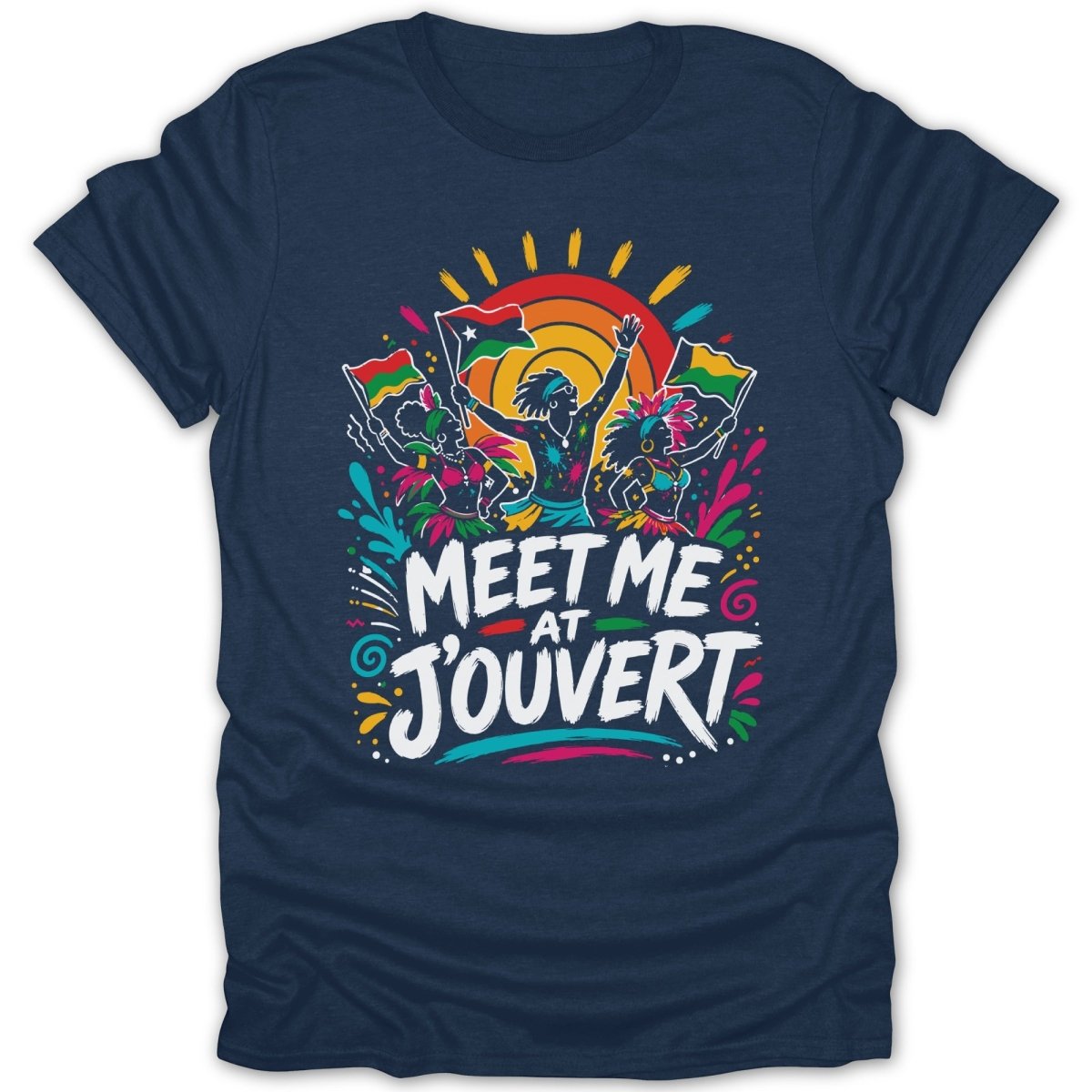 Three people celebrate with flags under a colorful sun with "MEET ME AT J'OUVERT" text.