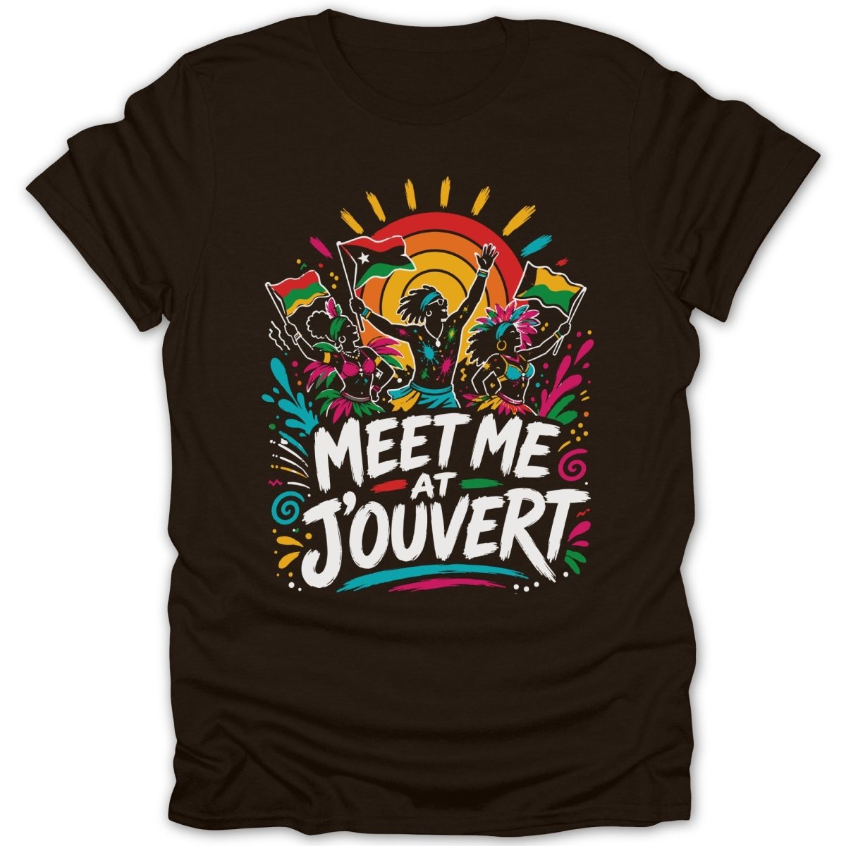 "Meet Me at J'Ouvert" graphic on a dark brown t-shirt with people holding flags and colorful accents.