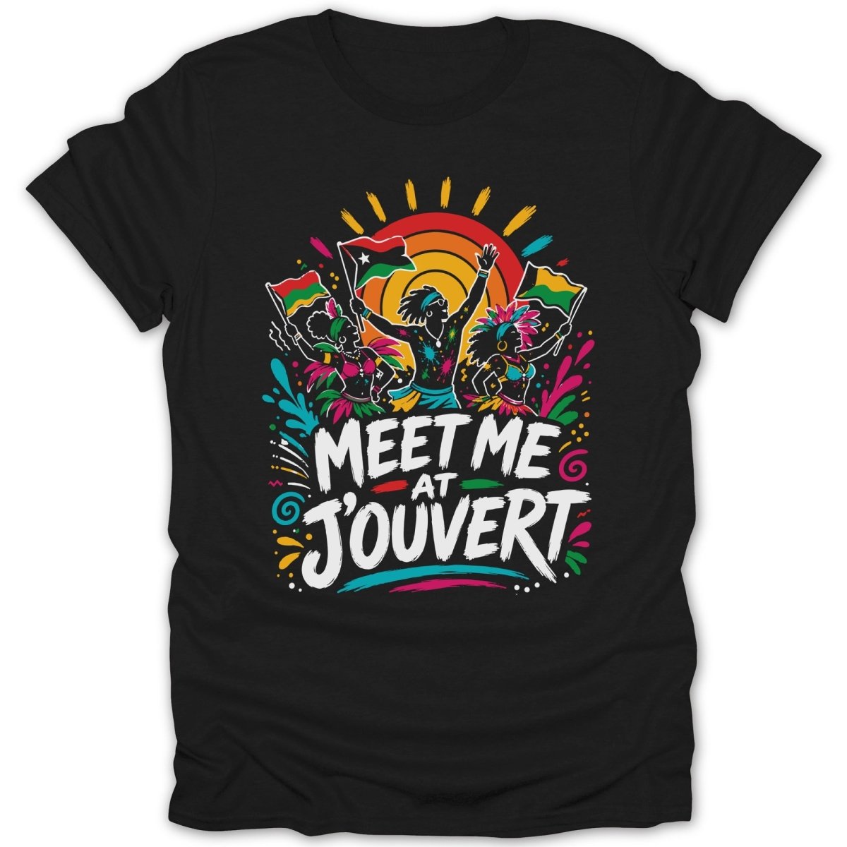 Black t-shirt with "Meet Me At J'ouvert" grafitti-style design featuring people and flags.