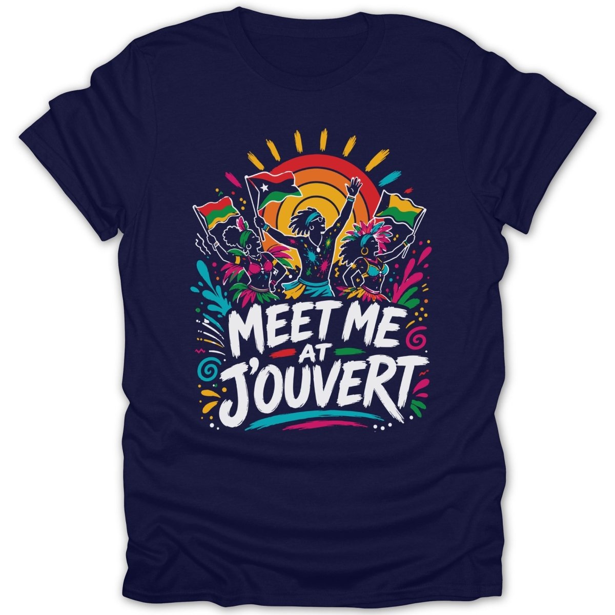 Navy t-shirt with "Meet Me At J'ouvert" text and colorful figures with flags.