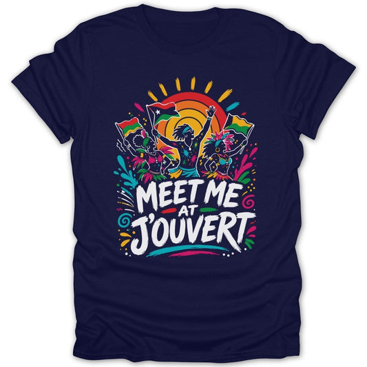 Navy t-shirt with "Meet Me At J'ouvert" text and colorful figures with flags.