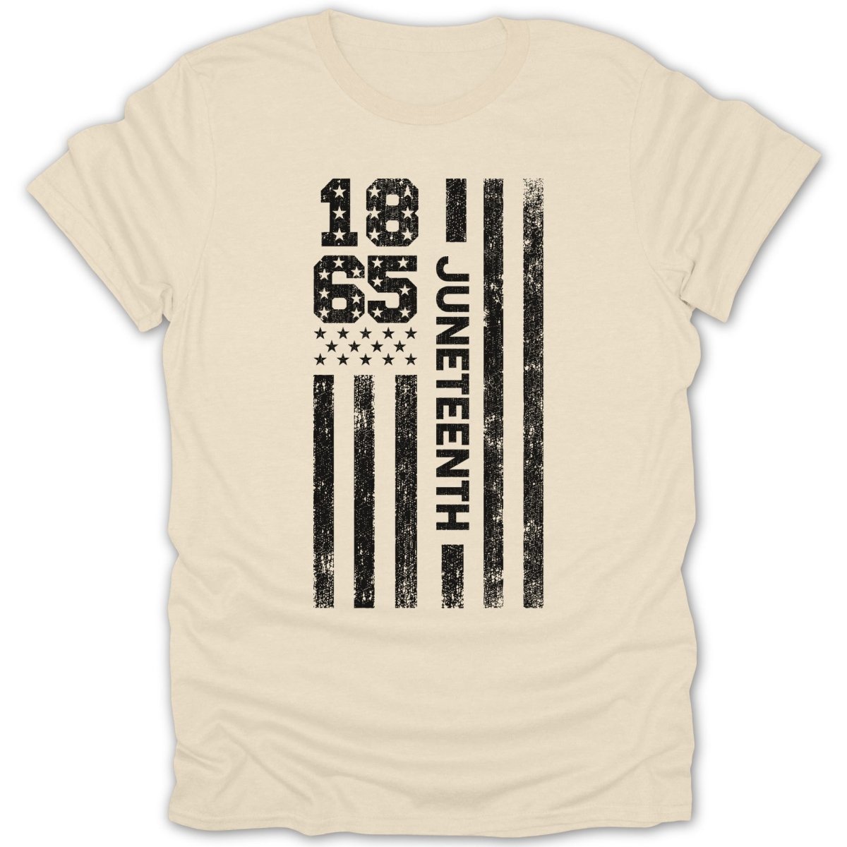 Juneteenth flag design with "1865" and stars on a cream t-shirt.