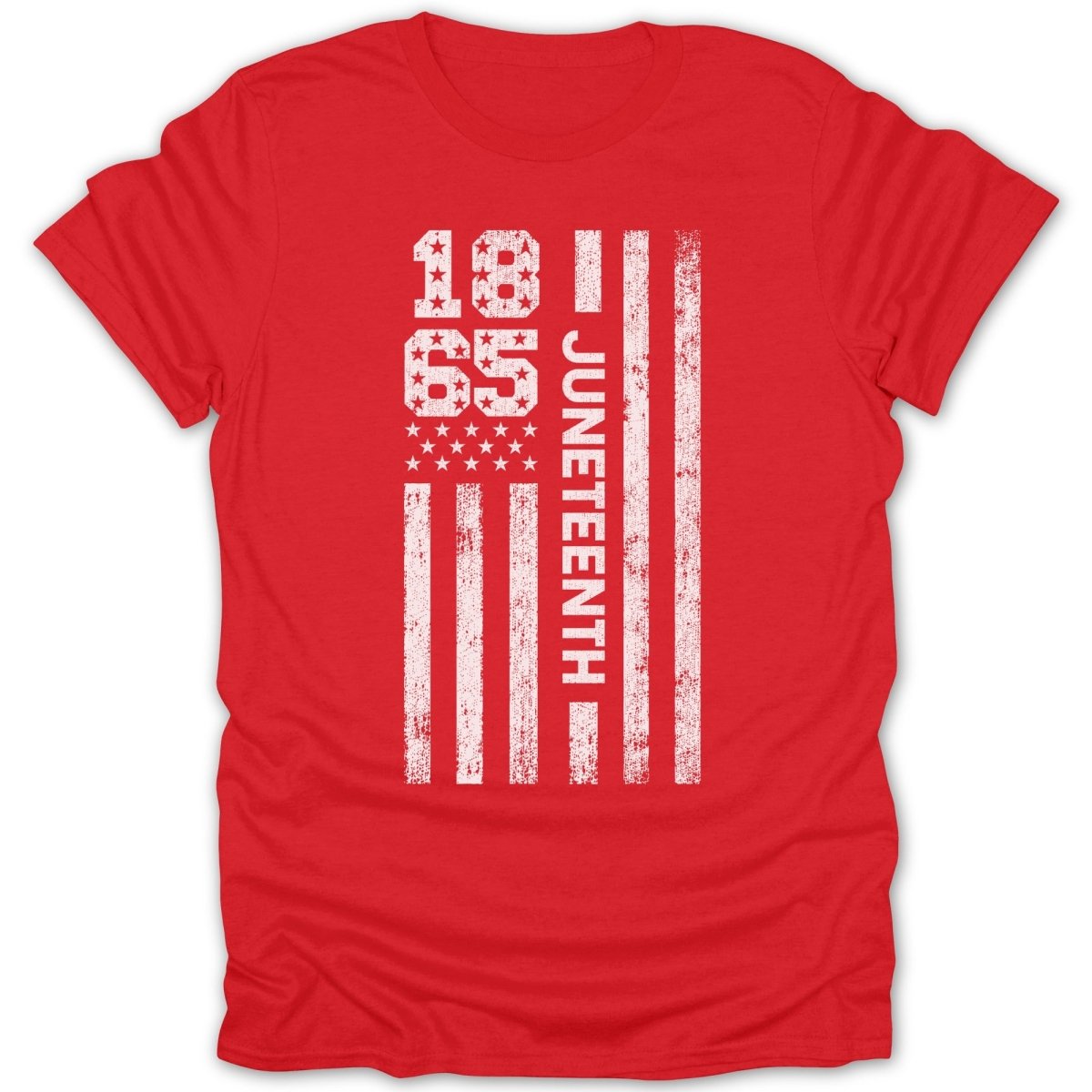 Red t-shirt with distressed Juneteenth flag design and "1865" text.