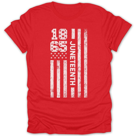 Red t-shirt with distressed Juneteenth flag design and "1865" text.